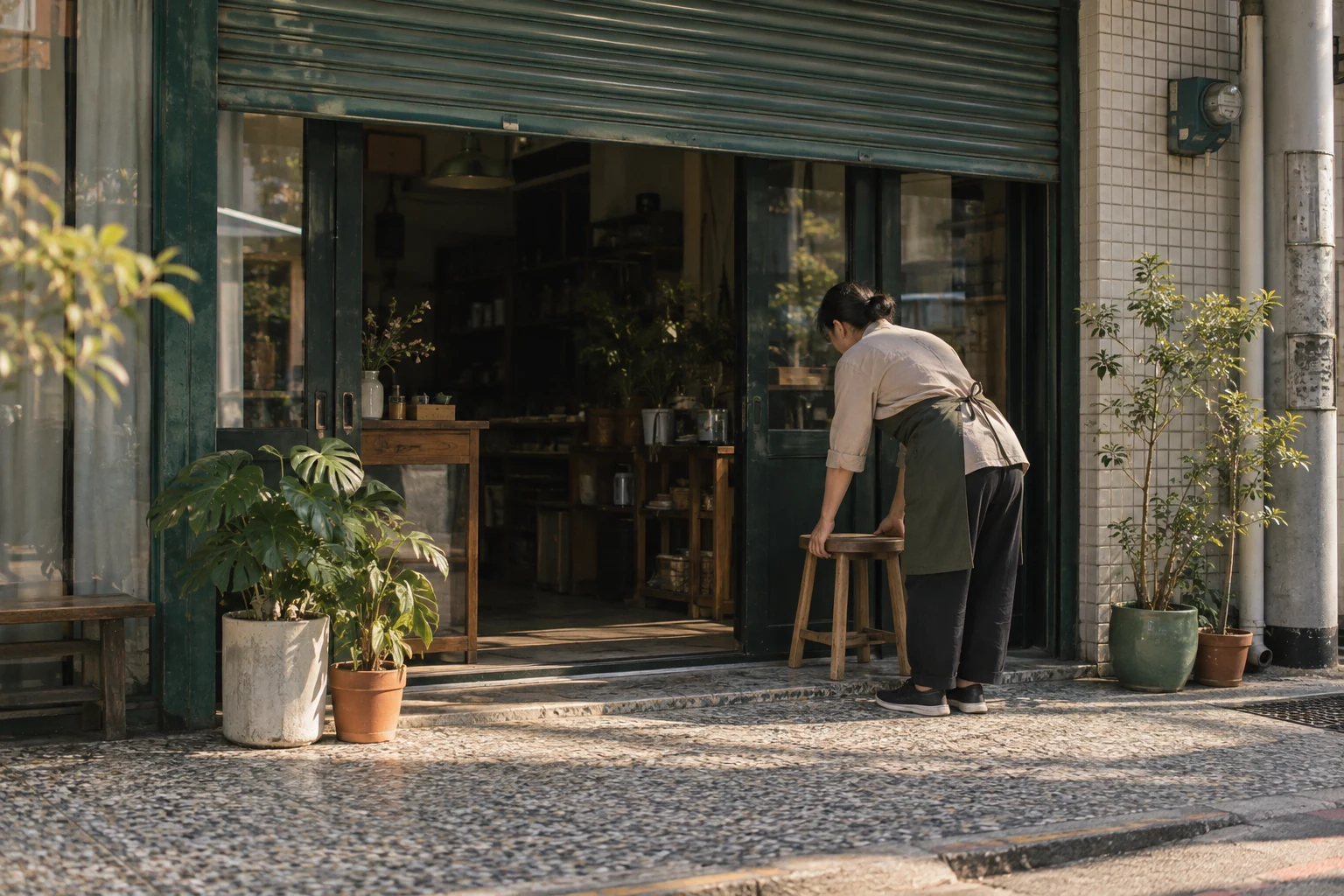 晨光裡，一位職人在台灣街邊小店準備開始一天的工作